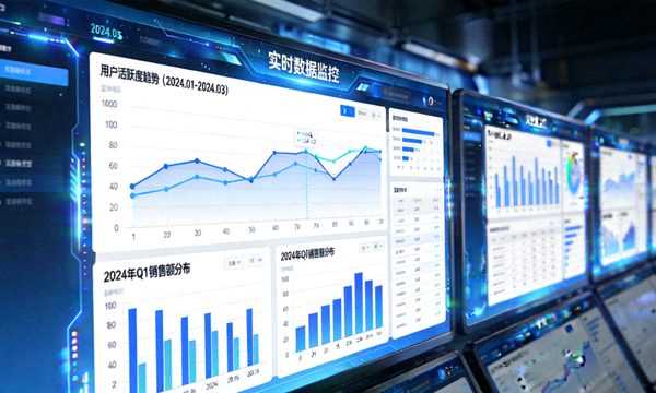 多屏数据中心展示实时折线图与柱状图报表